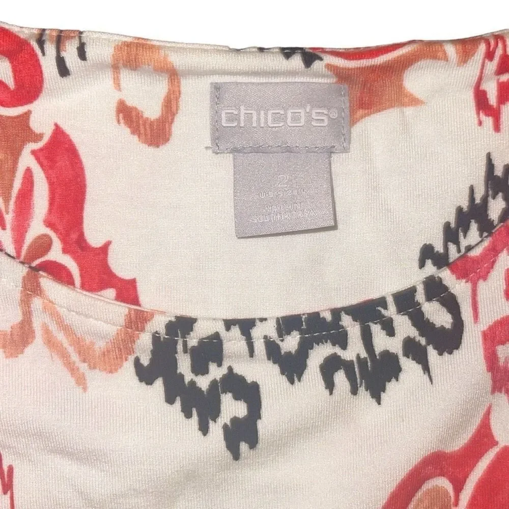 Chicos Women's Rayon Stretch Jersey Cap Sleeve Tunic Blouse White Red Size 2 Med - Picture 3 of 8
